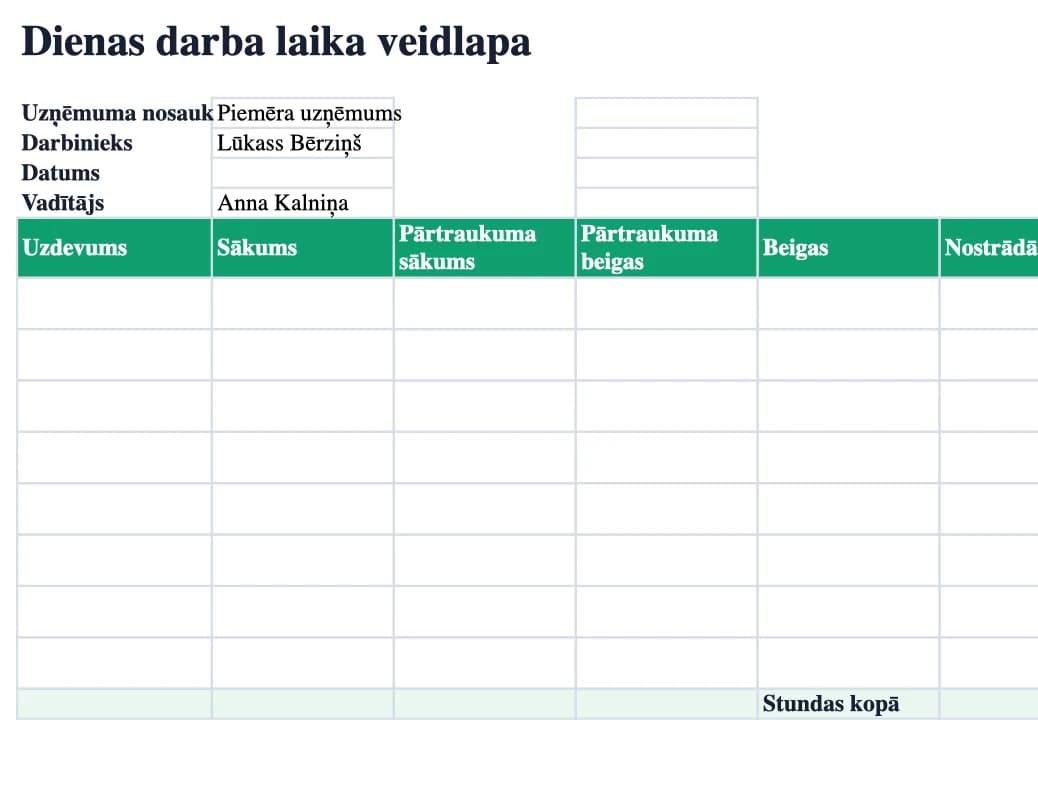 Excel priekšskatījums: Dienas darba laika veidlapa