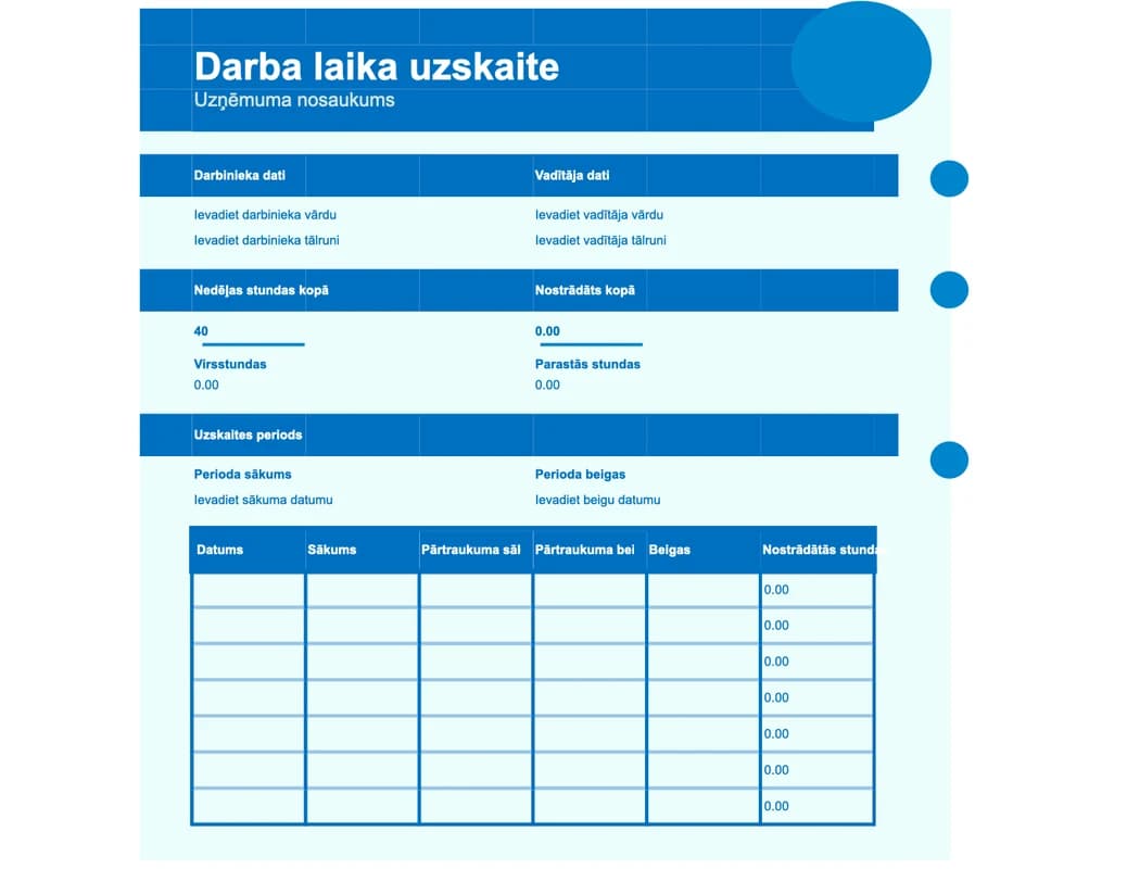 Vienkāršas darba laika uzskaites Excel tabulas priekšskatījums