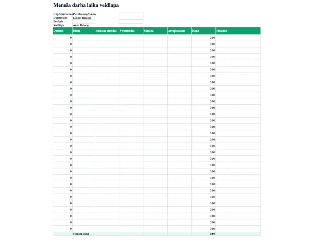 Excel priekšskatījums: Mēneša darba laika veidlapa