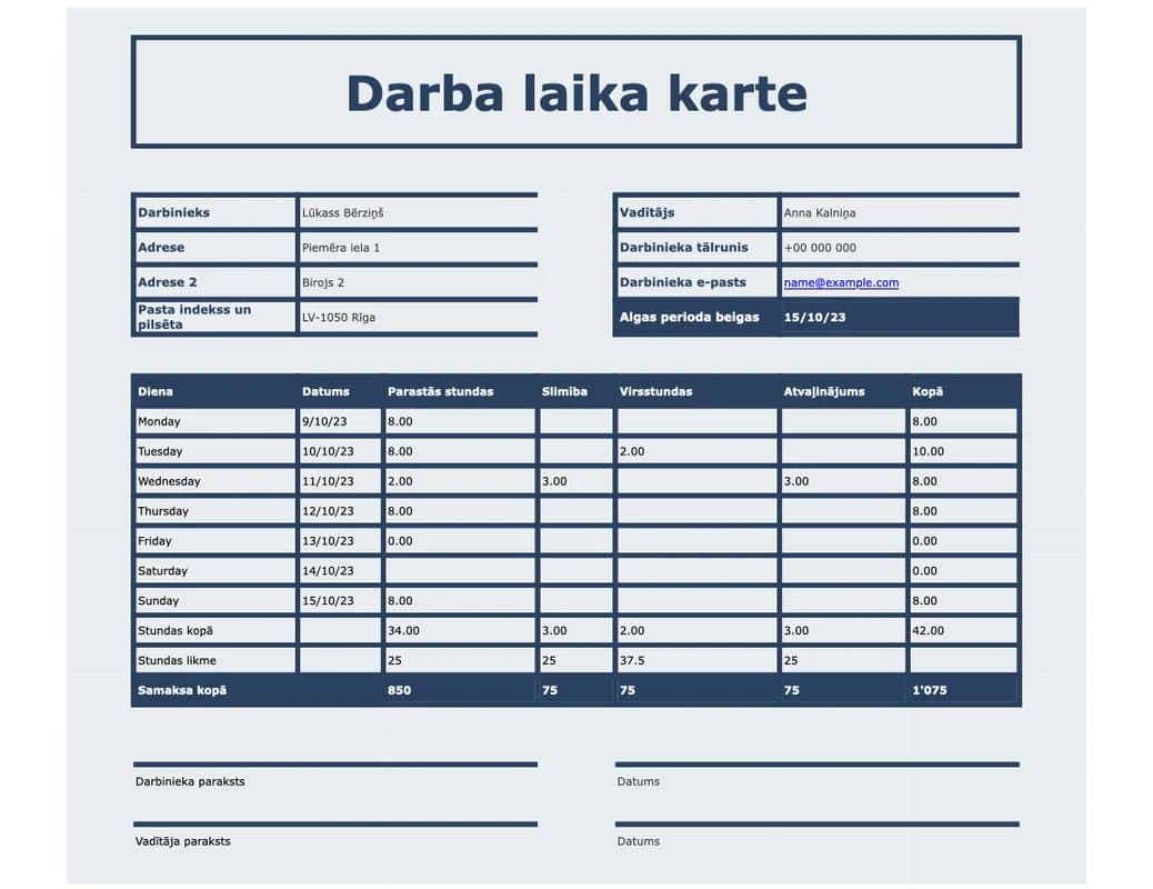 Darba laika kartes Excel veidne ar darba sākuma, beigu un pārtraukuma laukiem