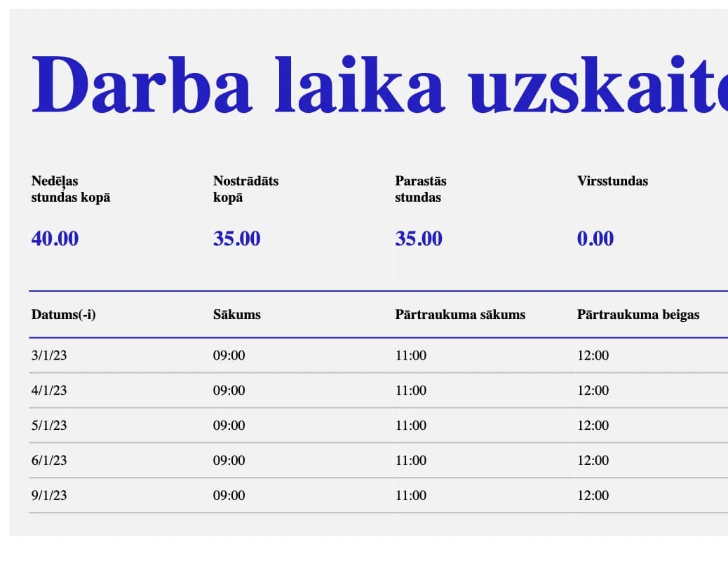 Nedēļas darba laika uzskaites Excel tabulas priekšskatījums